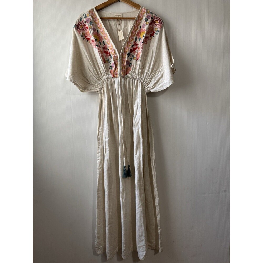 NEW World Market Ivory Floral Embroidered Kaftan Maxi Dress Boho Tassel Tie S/M